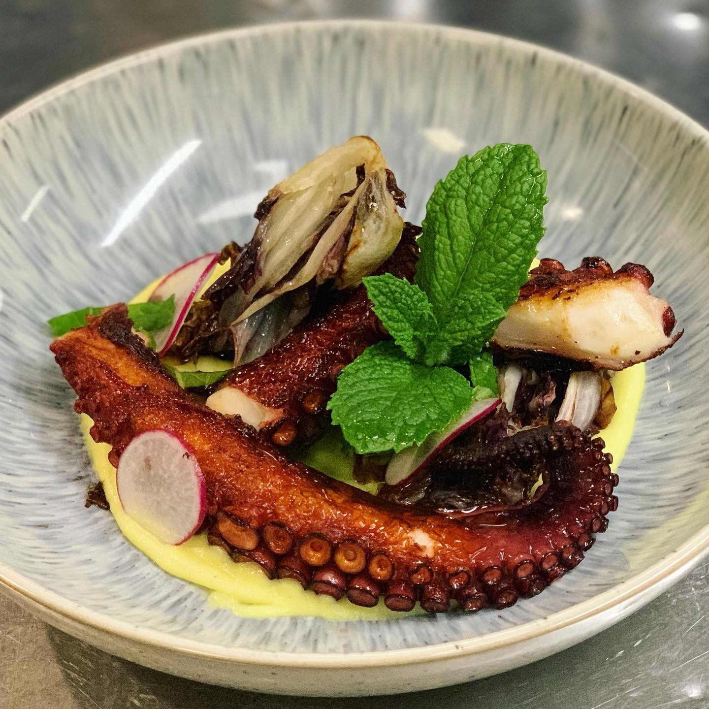 Octopus With Saffron Pur E Di Patate Braised Red Radicchio And Radish